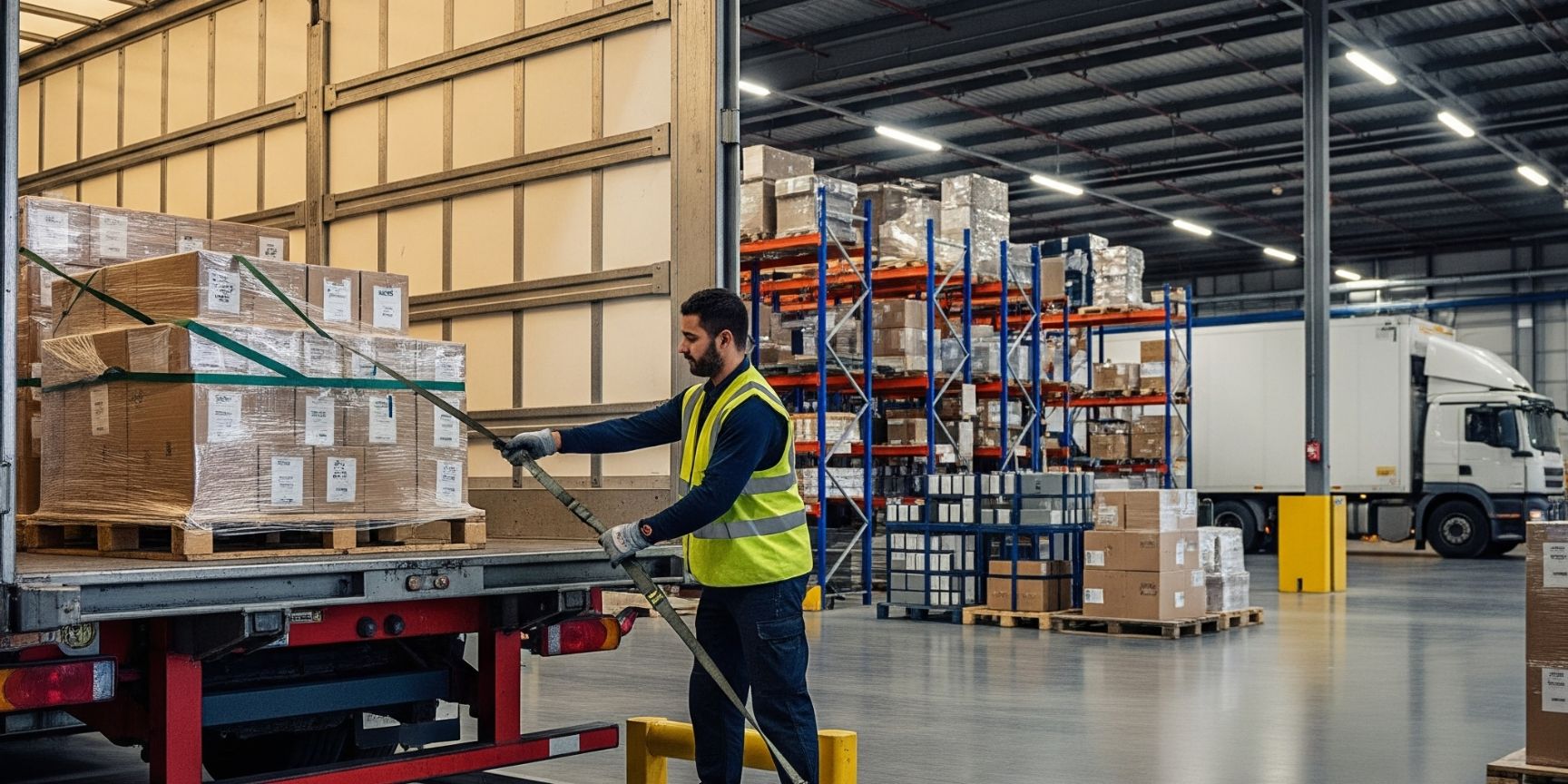 A loader during professional load securing: The logistics employee uses tension belts to fix a pallet in a truck at the loading ramp in a safe way for transport.